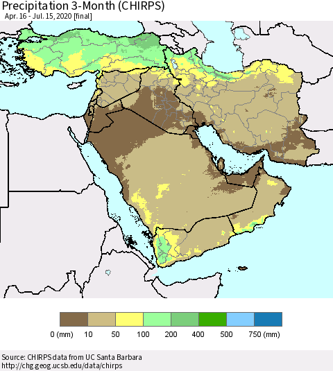 Middle East and Turkey Precipitation 3-Month (CHIRPS) Thematic Map For 4/16/2020 - 7/15/2020