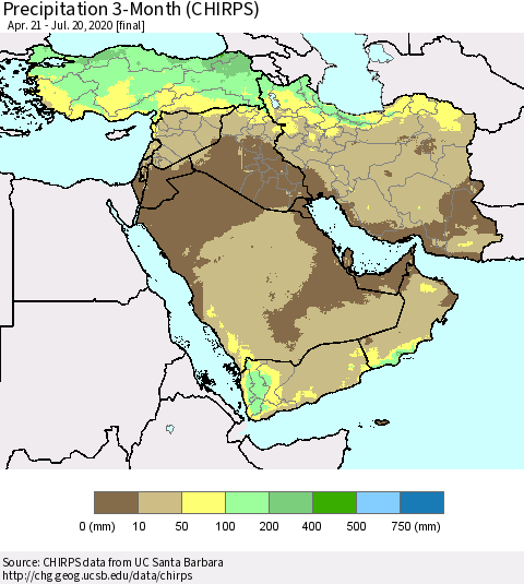 Middle East and Turkey Precipitation 3-Month (CHIRPS) Thematic Map For 4/21/2020 - 7/20/2020