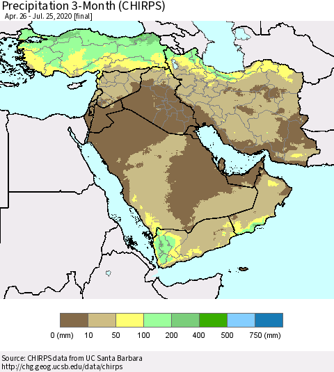 Middle East and Turkey Precipitation 3-Month (CHIRPS) Thematic Map For 4/26/2020 - 7/25/2020