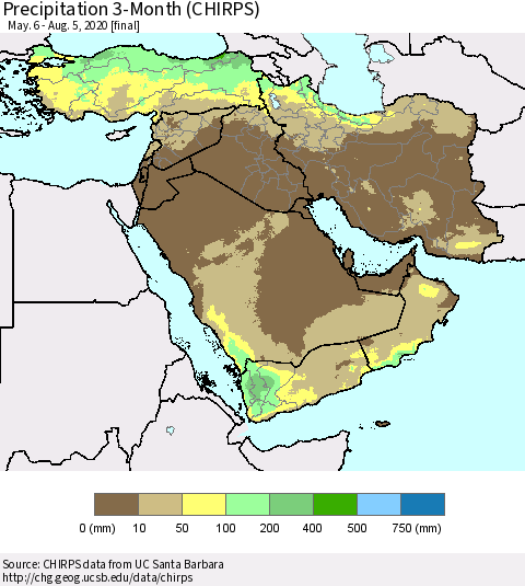 Middle East and Turkey Precipitation 3-Month (CHIRPS) Thematic Map For 5/6/2020 - 8/5/2020