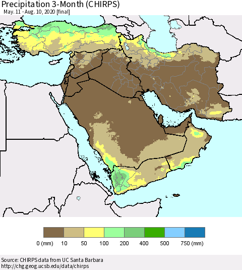 Middle East and Turkey Precipitation 3-Month (CHIRPS) Thematic Map For 5/11/2020 - 8/10/2020