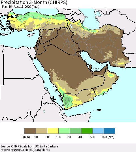 Middle East and Turkey Precipitation 3-Month (CHIRPS) Thematic Map For 5/16/2020 - 8/15/2020