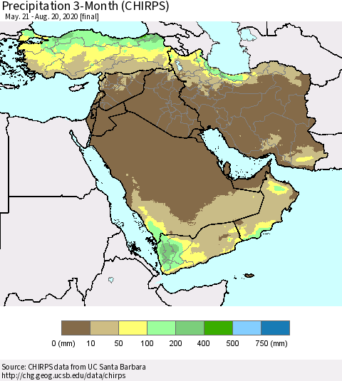 Middle East and Turkey Precipitation 3-Month (CHIRPS) Thematic Map For 5/21/2020 - 8/20/2020