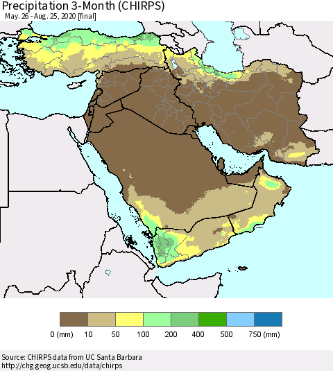 Middle East and Turkey Precipitation 3-Month (CHIRPS) Thematic Map For 5/26/2020 - 8/25/2020
