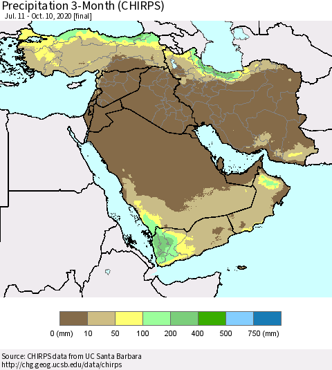 Middle East and Turkey Precipitation 3-Month (CHIRPS) Thematic Map For 7/11/2020 - 10/10/2020