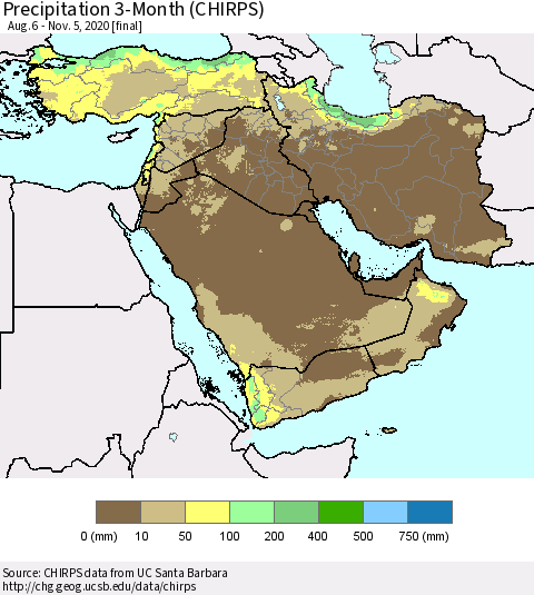 Middle East and Turkey Precipitation 3-Month (CHIRPS) Thematic Map For 8/6/2020 - 11/5/2020