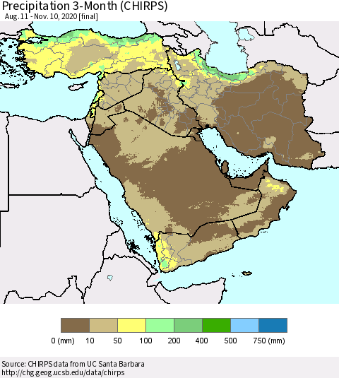 Middle East and Turkey Precipitation 3-Month (CHIRPS) Thematic Map For 8/11/2020 - 11/10/2020