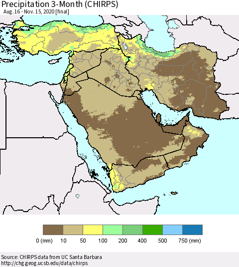 Middle East and Turkey Precipitation 3-Month (CHIRPS) Thematic Map For 8/16/2020 - 11/15/2020