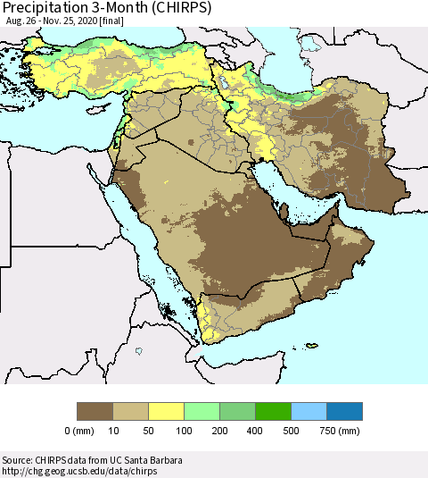 Middle East and Turkey Precipitation 3-Month (CHIRPS) Thematic Map For 8/26/2020 - 11/25/2020