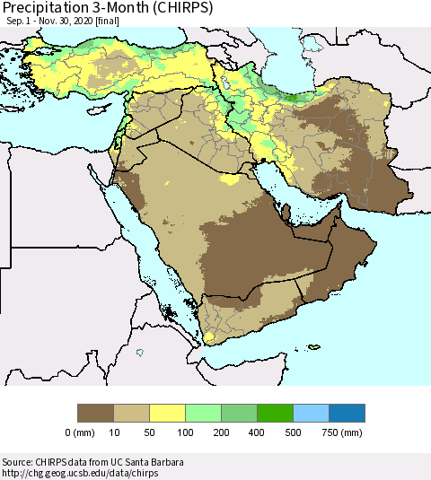 Middle East and Turkey Precipitation 3-Month (CHIRPS) Thematic Map For 9/1/2020 - 11/30/2020
