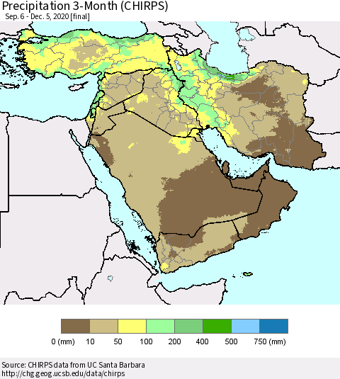 Middle East and Turkey Precipitation 3-Month (CHIRPS) Thematic Map For 9/6/2020 - 12/5/2020