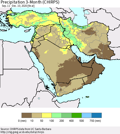 Middle East and Turkey Precipitation 3-Month (CHIRPS) Thematic Map For 9/11/2020 - 12/10/2020
