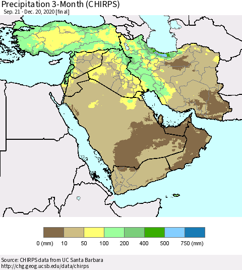 Middle East and Turkey Precipitation 3-Month (CHIRPS) Thematic Map For 9/21/2020 - 12/20/2020