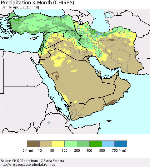 Middle East and Turkey Precipitation 3-Month (CHIRPS) Thematic Map For 1/6/2021 - 4/5/2021