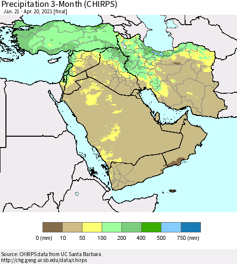Middle East and Turkey Precipitation 3-Month (CHIRPS) Thematic Map For 1/21/2021 - 4/20/2021