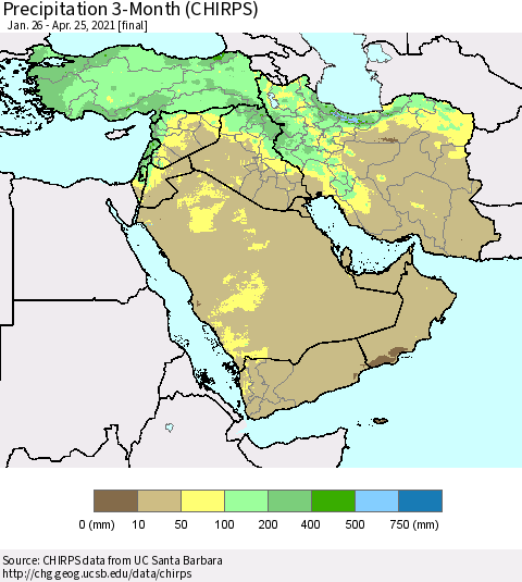 Middle East and Turkey Precipitation 3-Month (CHIRPS) Thematic Map For 1/26/2021 - 4/25/2021