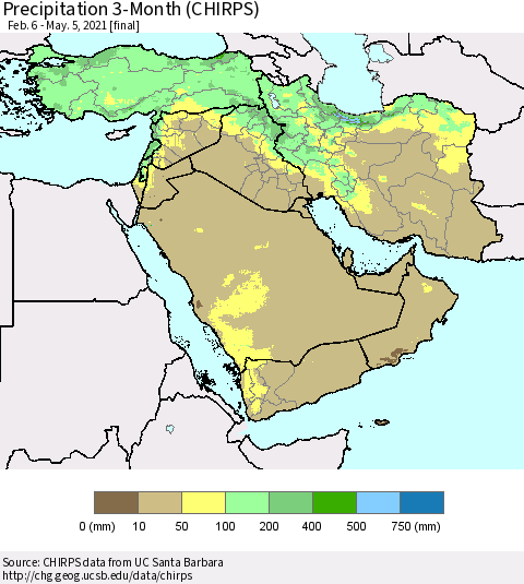 Middle East and Turkey Precipitation 3-Month (CHIRPS) Thematic Map For 2/6/2021 - 5/5/2021