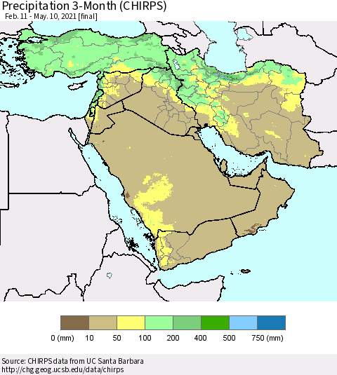 Middle East and Turkey Precipitation 3-Month (CHIRPS) Thematic Map For 2/11/2021 - 5/10/2021