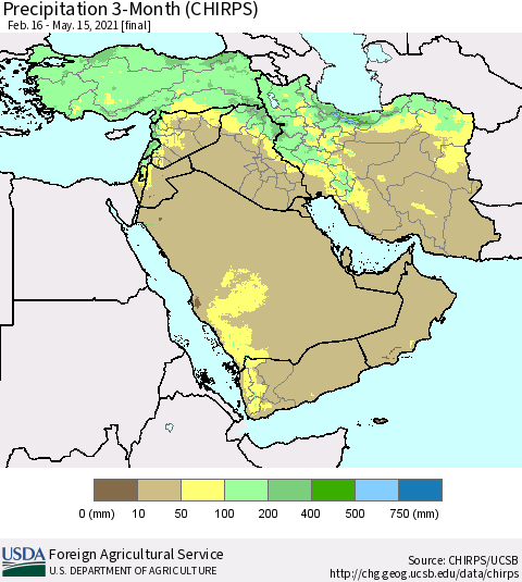 Middle East and Turkey Precipitation 3-Month (CHIRPS) Thematic Map For 2/16/2021 - 5/15/2021