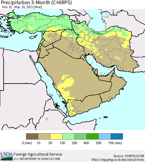 Middle East and Turkey Precipitation 3-Month (CHIRPS) Thematic Map For 2/21/2021 - 5/20/2021