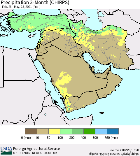 Middle East and Turkey Precipitation 3-Month (CHIRPS) Thematic Map For 2/26/2021 - 5/25/2021
