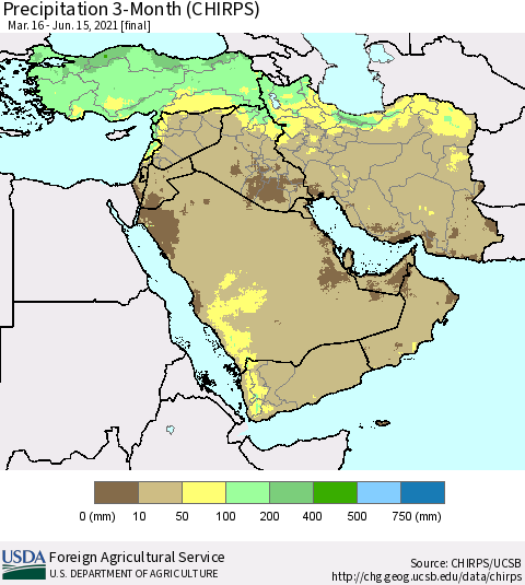 Middle East and Turkey Precipitation 3-Month (CHIRPS) Thematic Map For 3/16/2021 - 6/15/2021