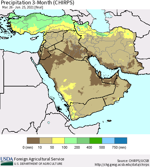 Middle East and Turkey Precipitation 3-Month (CHIRPS) Thematic Map For 3/26/2021 - 6/25/2021