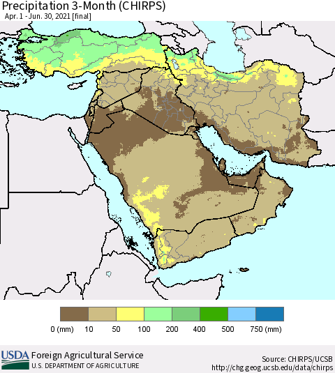 Middle East and Turkey Precipitation 3-Month (CHIRPS) Thematic Map For 4/1/2021 - 6/30/2021