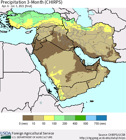 Middle East and Turkey Precipitation 3-Month (CHIRPS) Thematic Map For 4/6/2021 - 7/5/2021