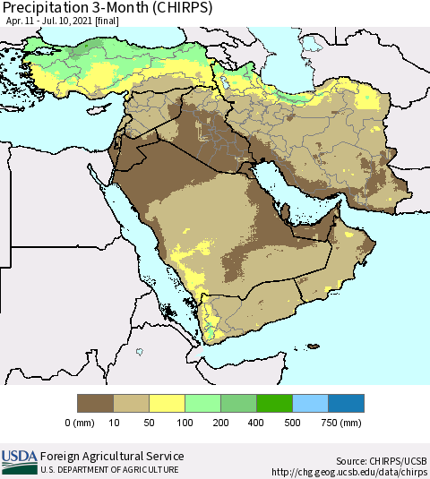 Middle East and Turkey Precipitation 3-Month (CHIRPS) Thematic Map For 4/11/2021 - 7/10/2021