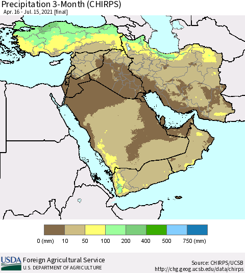Middle East and Turkey Precipitation 3-Month (CHIRPS) Thematic Map For 4/16/2021 - 7/15/2021