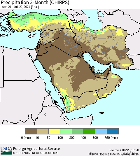 Middle East and Turkey Precipitation 3-Month (CHIRPS) Thematic Map For 4/21/2021 - 7/20/2021