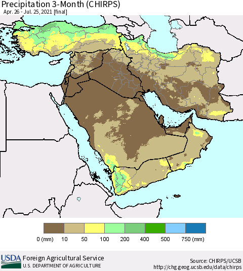 Middle East and Turkey Precipitation 3-Month (CHIRPS) Thematic Map For 4/26/2021 - 7/25/2021
