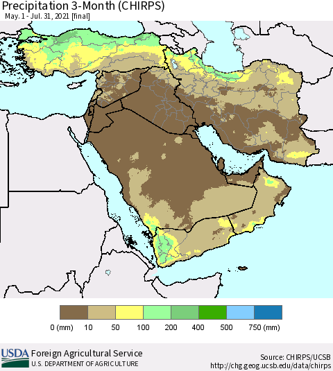 Middle East and Turkey Precipitation 3-Month (CHIRPS) Thematic Map For 5/1/2021 - 7/31/2021