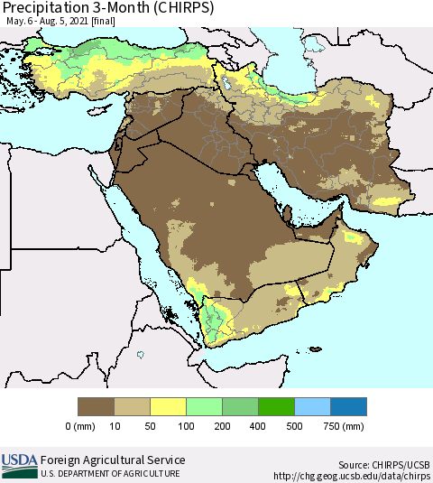 Middle East and Turkey Precipitation 3-Month (CHIRPS) Thematic Map For 5/6/2021 - 8/5/2021