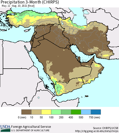 Middle East and Turkey Precipitation 3-Month (CHIRPS) Thematic Map For 5/11/2021 - 8/10/2021