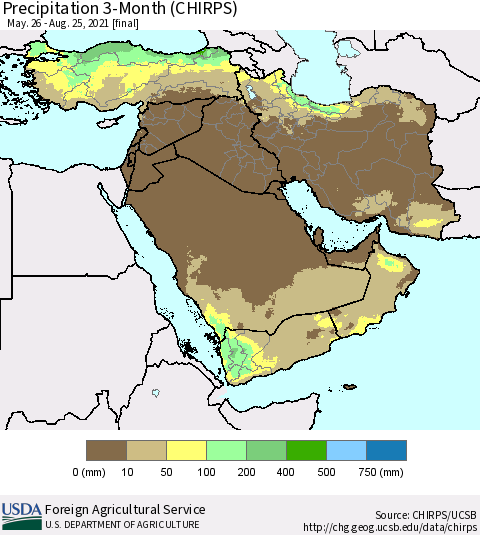 Middle East and Turkey Precipitation 3-Month (CHIRPS) Thematic Map For 5/26/2021 - 8/25/2021