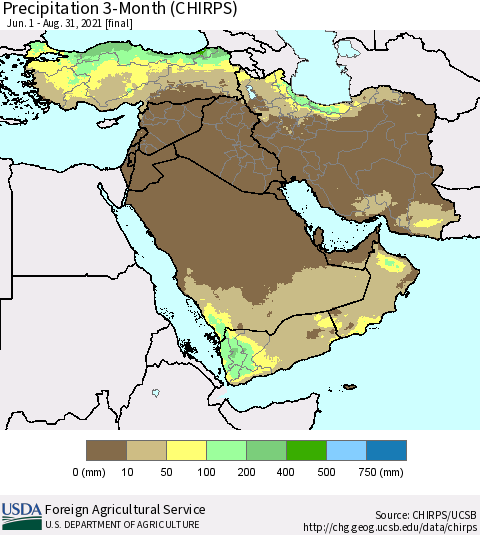 Middle East and Turkey Precipitation 3-Month (CHIRPS) Thematic Map For 6/1/2021 - 8/31/2021