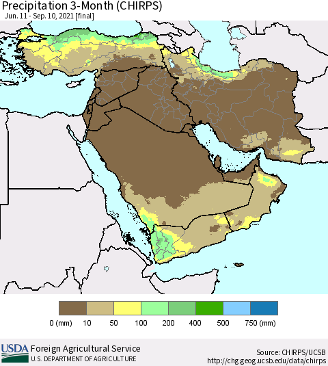 Middle East and Turkey Precipitation 3-Month (CHIRPS) Thematic Map For 6/11/2021 - 9/10/2021