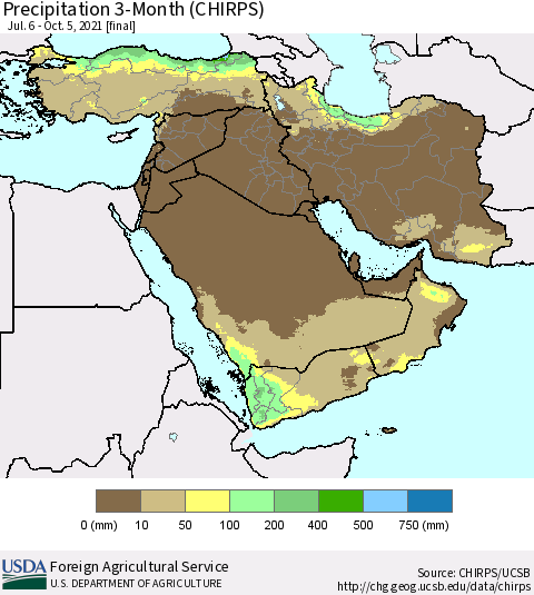 Middle East and Turkey Precipitation 3-Month (CHIRPS) Thematic Map For 7/6/2021 - 10/5/2021