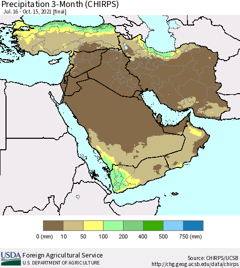 Middle East and Turkey Precipitation 3-Month (CHIRPS) Thematic Map For 7/16/2021 - 10/15/2021