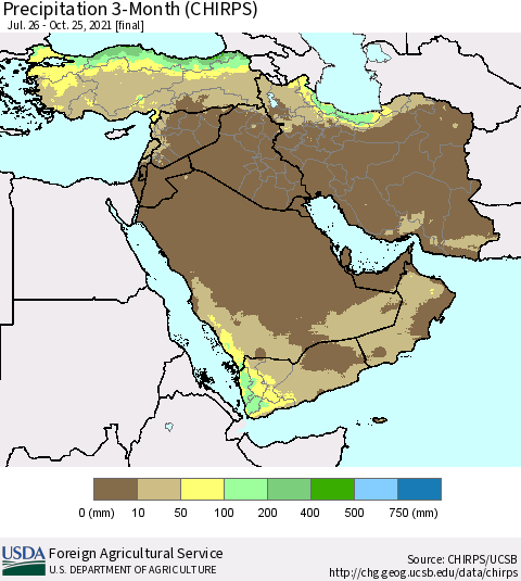 Middle East and Turkey Precipitation 3-Month (CHIRPS) Thematic Map For 7/26/2021 - 10/25/2021