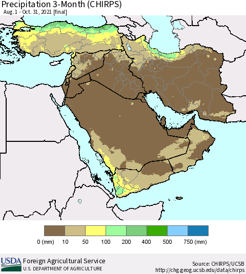 Middle East and Turkey Precipitation 3-Month (CHIRPS) Thematic Map For 8/1/2021 - 10/31/2021
