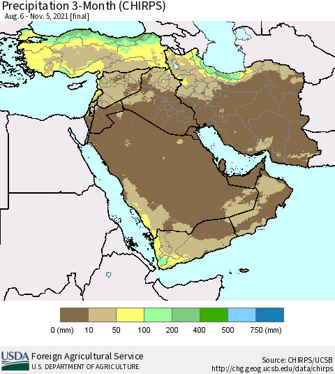 Middle East and Turkey Precipitation 3-Month (CHIRPS) Thematic Map For 8/6/2021 - 11/5/2021