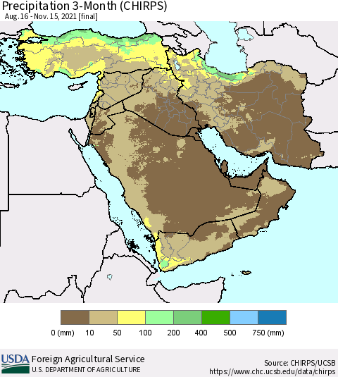 Middle East and Turkey Precipitation 3-Month (CHIRPS) Thematic Map For 8/16/2021 - 11/15/2021