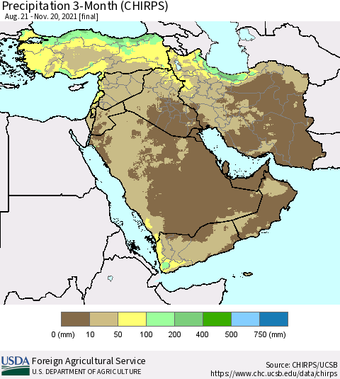 Middle East and Turkey Precipitation 3-Month (CHIRPS) Thematic Map For 8/21/2021 - 11/20/2021