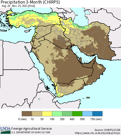 Middle East and Turkey Precipitation 3-Month (CHIRPS) Thematic Map For 8/26/2021 - 11/25/2021