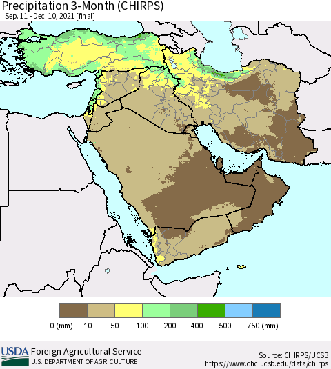 Middle East and Turkey Precipitation 3-Month (CHIRPS) Thematic Map For 9/11/2021 - 12/10/2021