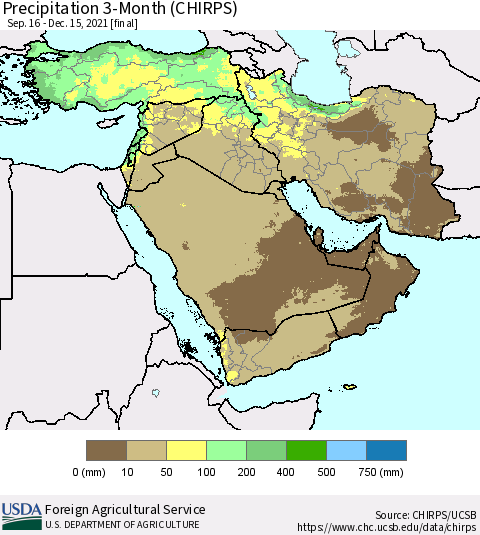 Middle East and Turkey Precipitation 3-Month (CHIRPS) Thematic Map For 9/16/2021 - 12/15/2021