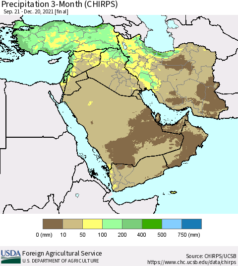 Middle East and Turkey Precipitation 3-Month (CHIRPS) Thematic Map For 9/21/2021 - 12/20/2021